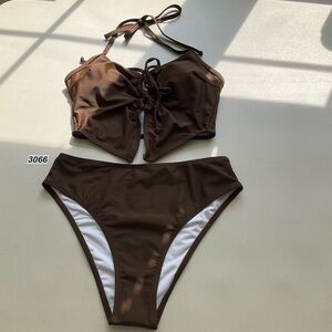 Samiol Small Brown wrinkled Hollow Lined Bralette Tankini Set Spaghetti Strap